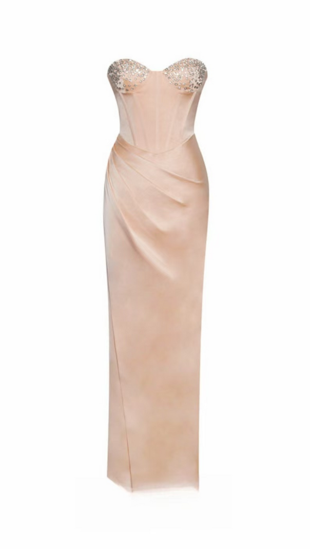 AIIZIE BLUSH SATIN CORSET SLIT GOWN WITH CRYSTAL EMBELLISHED - product image