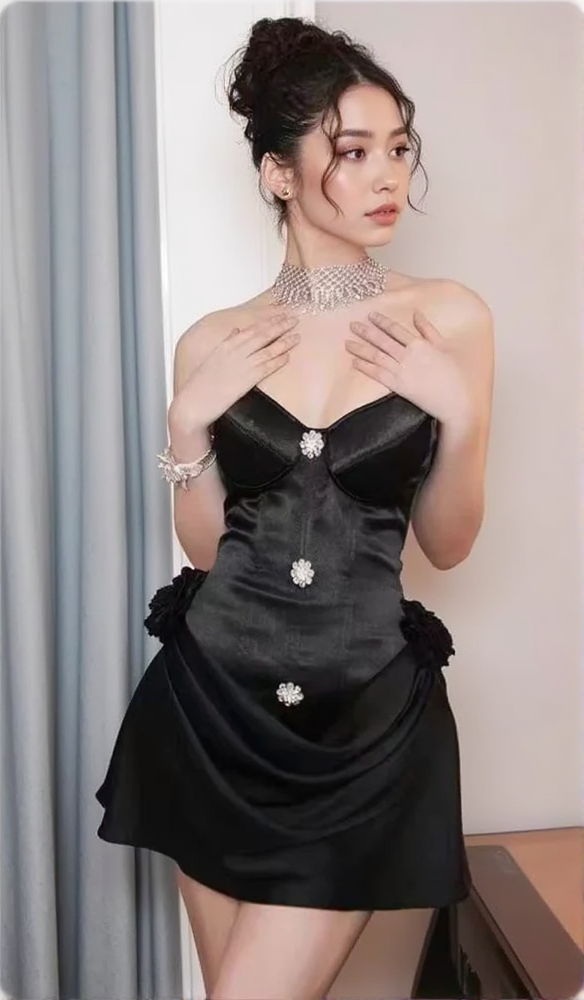 AMEERA BLACK CORSET FLOWER MINI DRESS