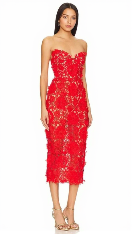 Schulterfreies Midikleid mit Blumen-Cut-Out