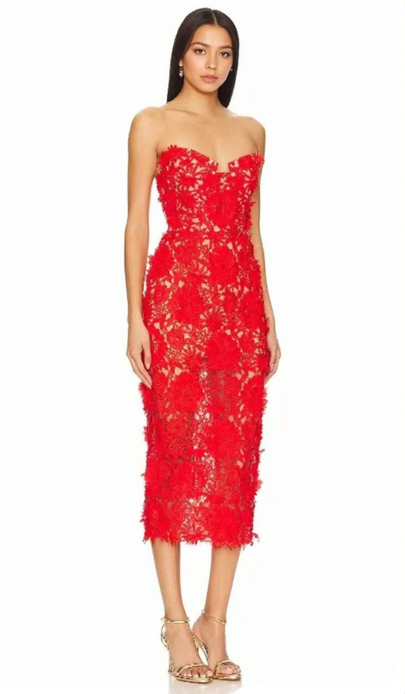 Schulterfreies Midikleid mit Blumen-Cut-Out