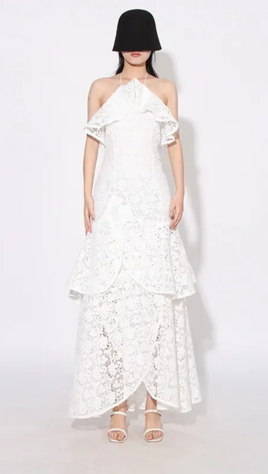 LYNN GARDENIA GUIPURE LACE RUFFLE GOWN IN WHITE