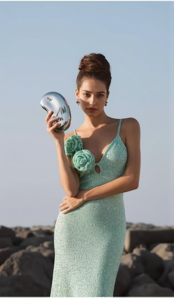 AIIZIE TEAL FLORAL EMBELLISHED BODYCON SEQUIN MAXI DRESS - product image