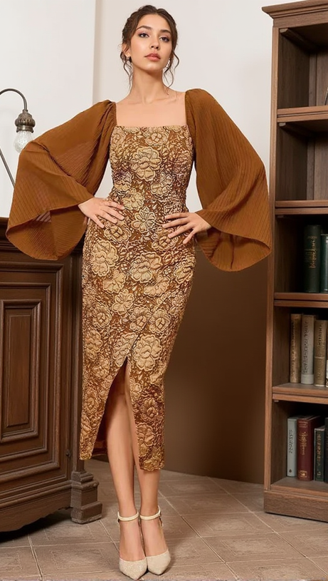 SQUARE COLLAR JACQUARD BAG BUTTOCK SLIT DRESS