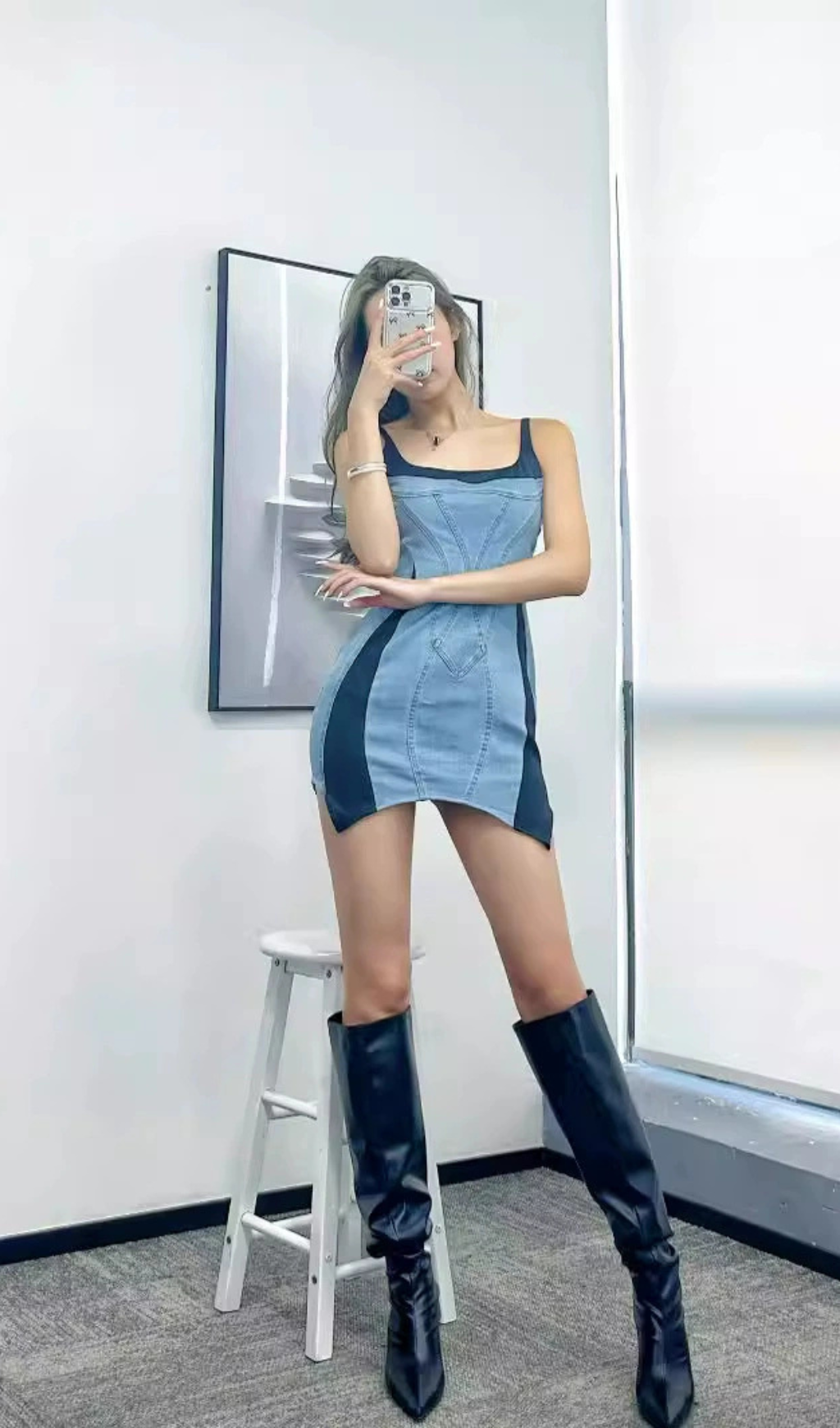 DENIM JERSEY BODYCON MINI DRESS IN BLUE