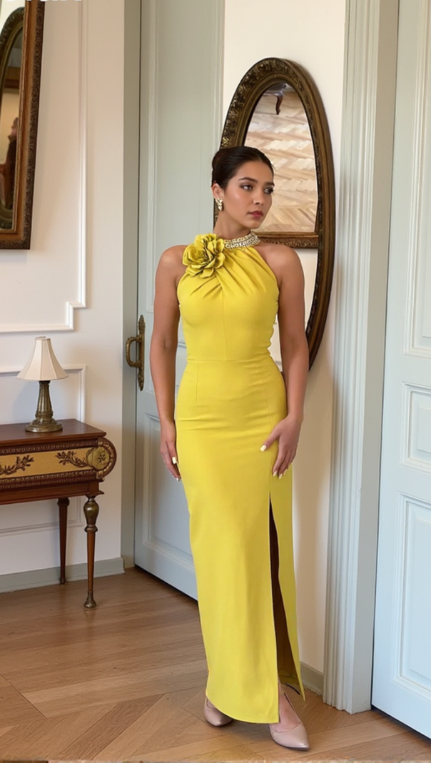 AIIZIE MAMIE HALTER FLORAL CRYSTAL MAXI DRESS IN YELLOW - product image