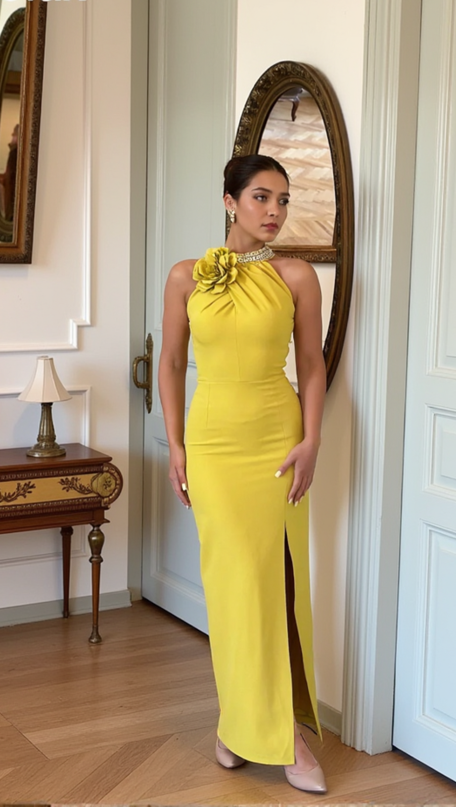 MAMIE HALTER FLORAL CRYSTAL MAXI DRESS IN YELLOW