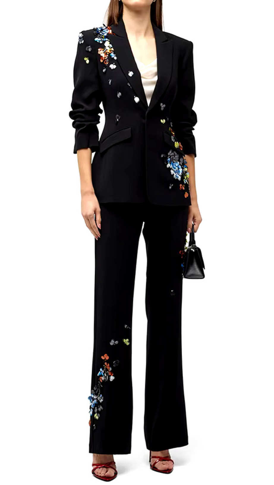 SEQUIN FLOWER SCRUNCHED BLACK BLAZER SET