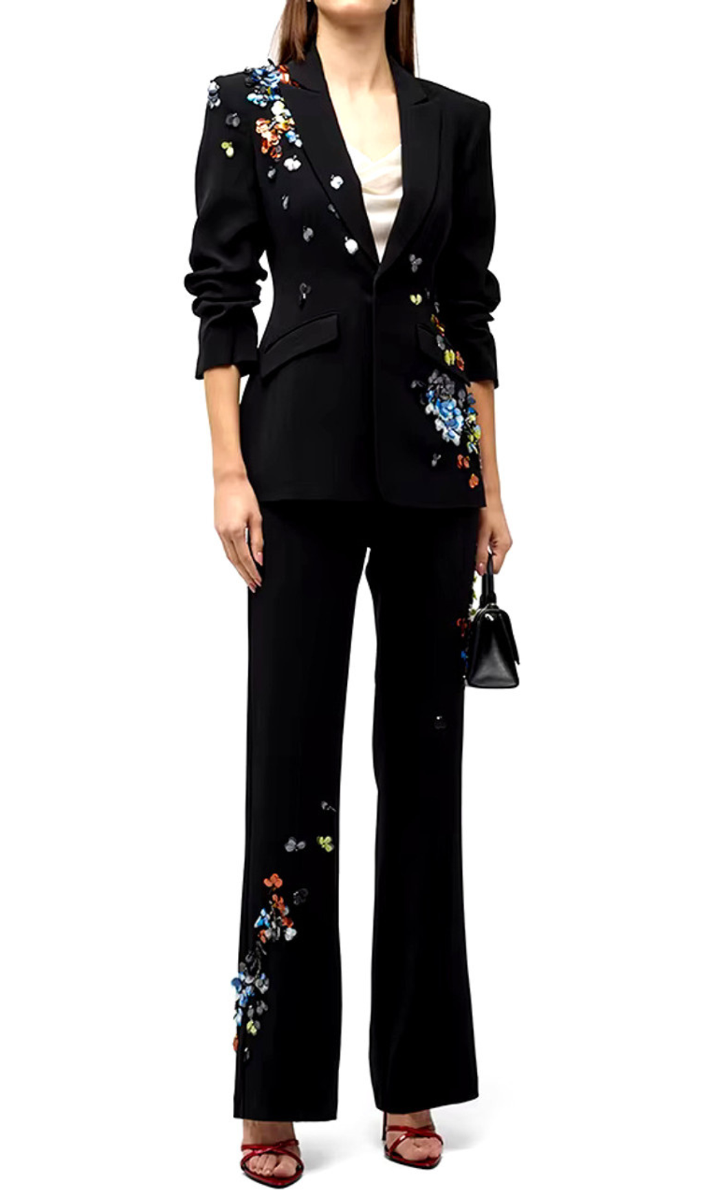 SEQUIN FLOWER SCRUNCHED BLACK BLAZER SET
