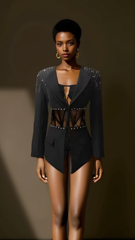 TRÄGERLOSER JUMPSUIT LANGARM-STRASS-BLAZER