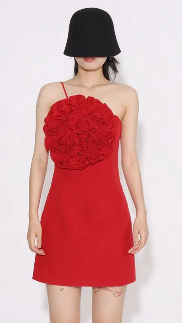 AIIZIE AMITY ONE-SHOULDER FLORAL-APPLIQUÉ MINI DRESS IN RED - product image