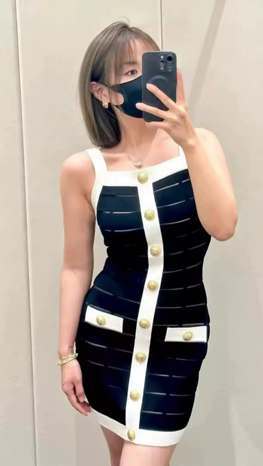 MOIRA 10-BUTTON MESH-DETAILED MINI DRESS IN BLACK