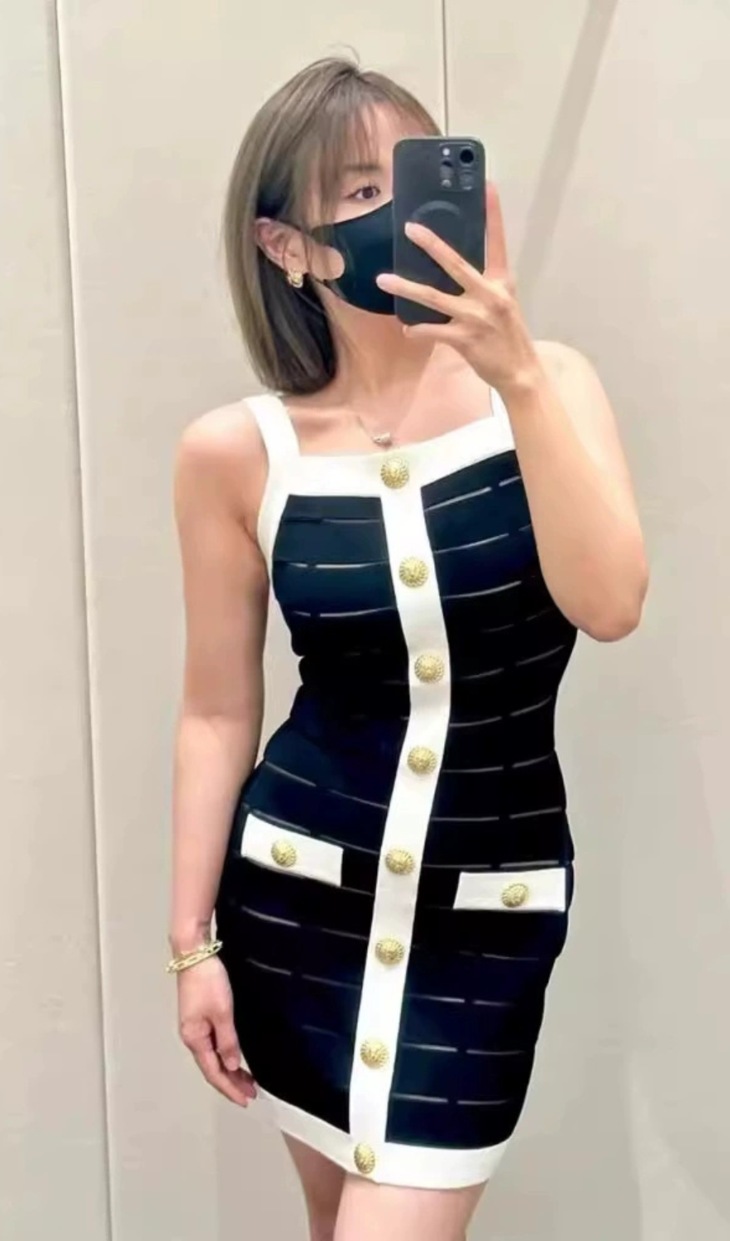 MOIRA 10-BUTTON MESH-DETAILED MINI DRESS IN BLACK