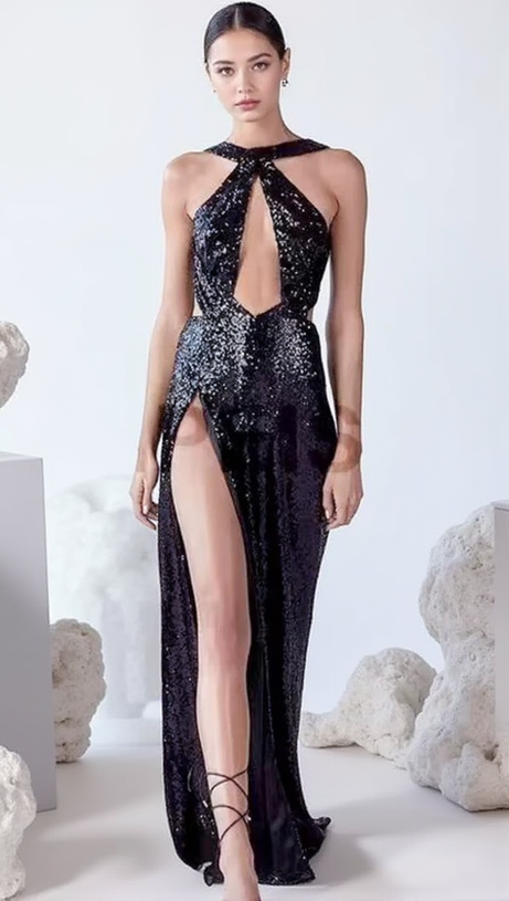 SEQUIN HIGH SLIT CUTOUT DRESS