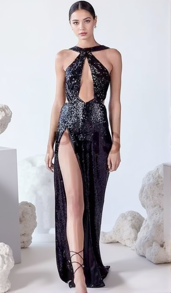SEQUIN HIGH SLIT CUTOUT DRESS