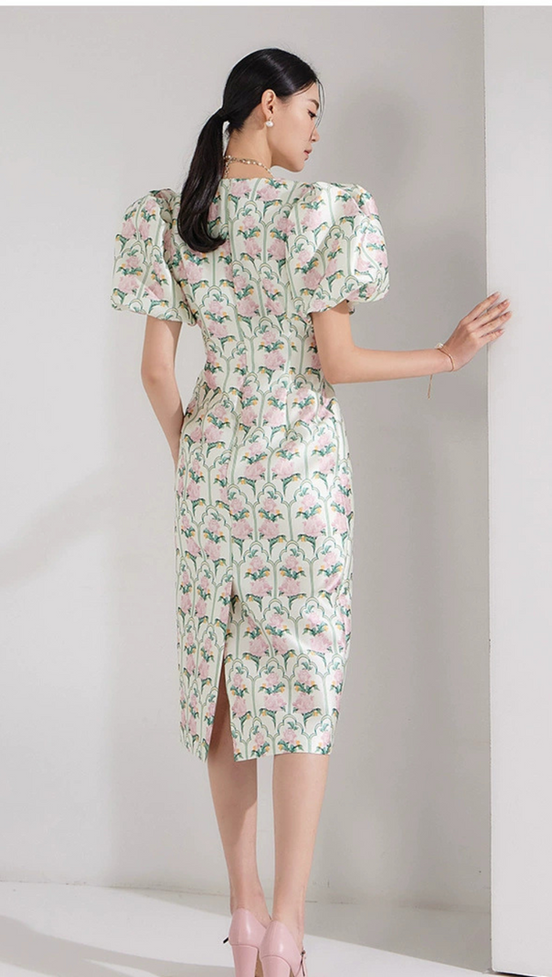 AIIZIE PUFF-SLEEVE FLORAL PRINTED MIDI DRESS - product image