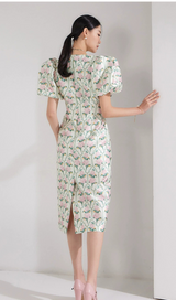 PUFF-SLEEVE FLORAL PRINTED MIDI DRESS