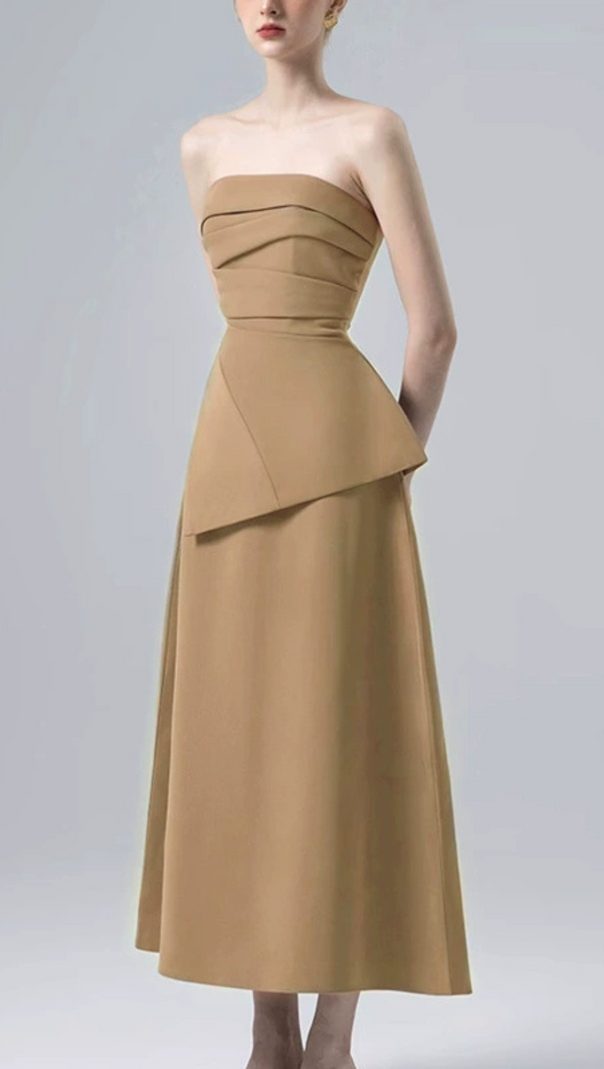 AIIZIE PLEATED ASYMMETRIC TUBE MIDI DRESS IN KAHKI - product image