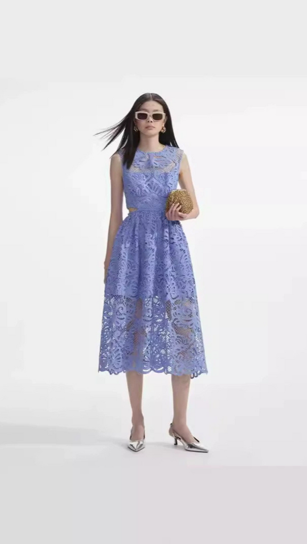 AIIZIE FANNY CUT-OUT LACE EMBROIDERY MIDI DRESS IN BLUE - product image
