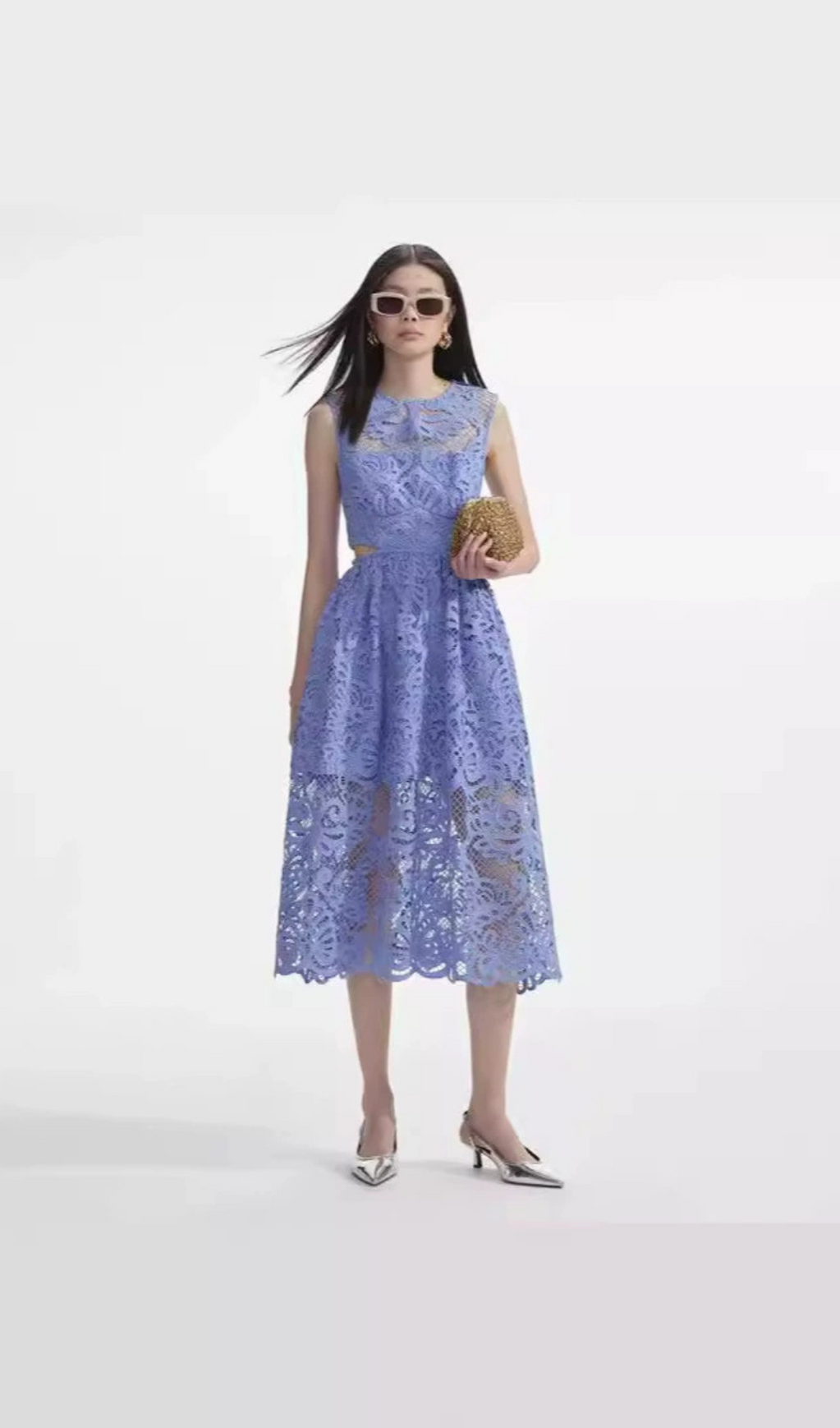 FANNY CUT-OUT LACE EMBROIDERY MIDI DRESS IN BLUE