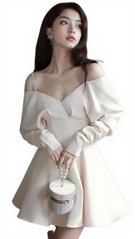 V-NECK LONG-SLEEVED A-LINE SUSPENDER DRESS