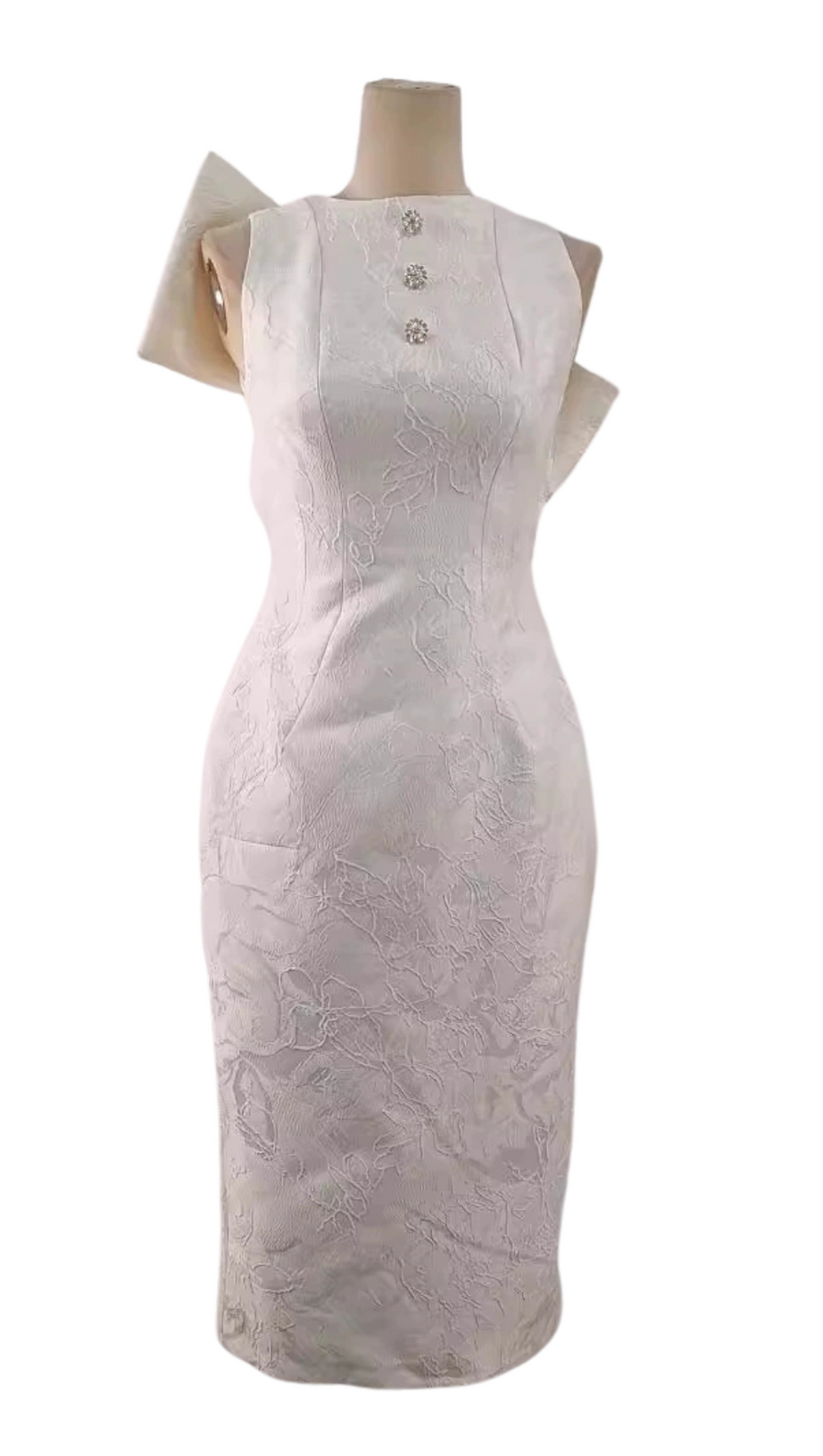 ALEXANDRA PEGGED BACK SLIT BROCADE MIDI DRESS IN WHITE