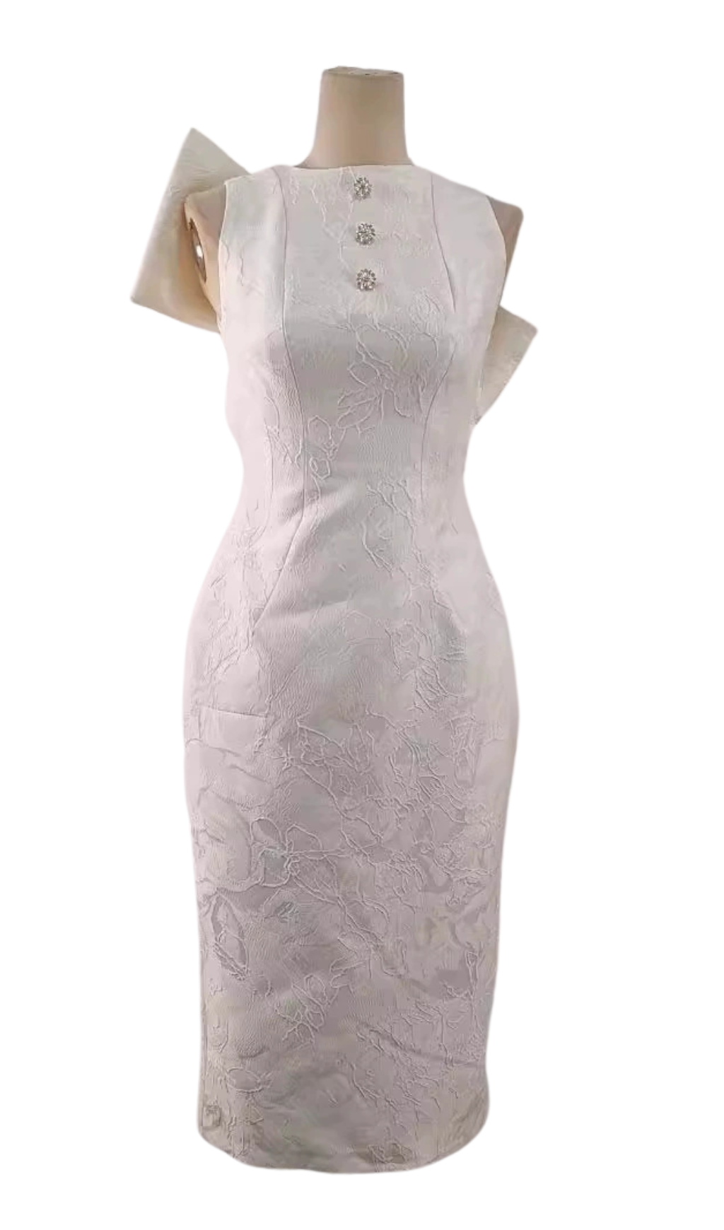 ALEXANDRA PEGGED BACK SLIT BROCADE MIDI DRESS IN WHITE