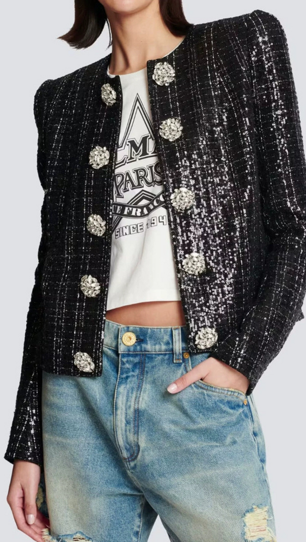 AIIZIE MONA SEQUIN-EMBELLISHED TWEED JACKET IN BLACK - product image