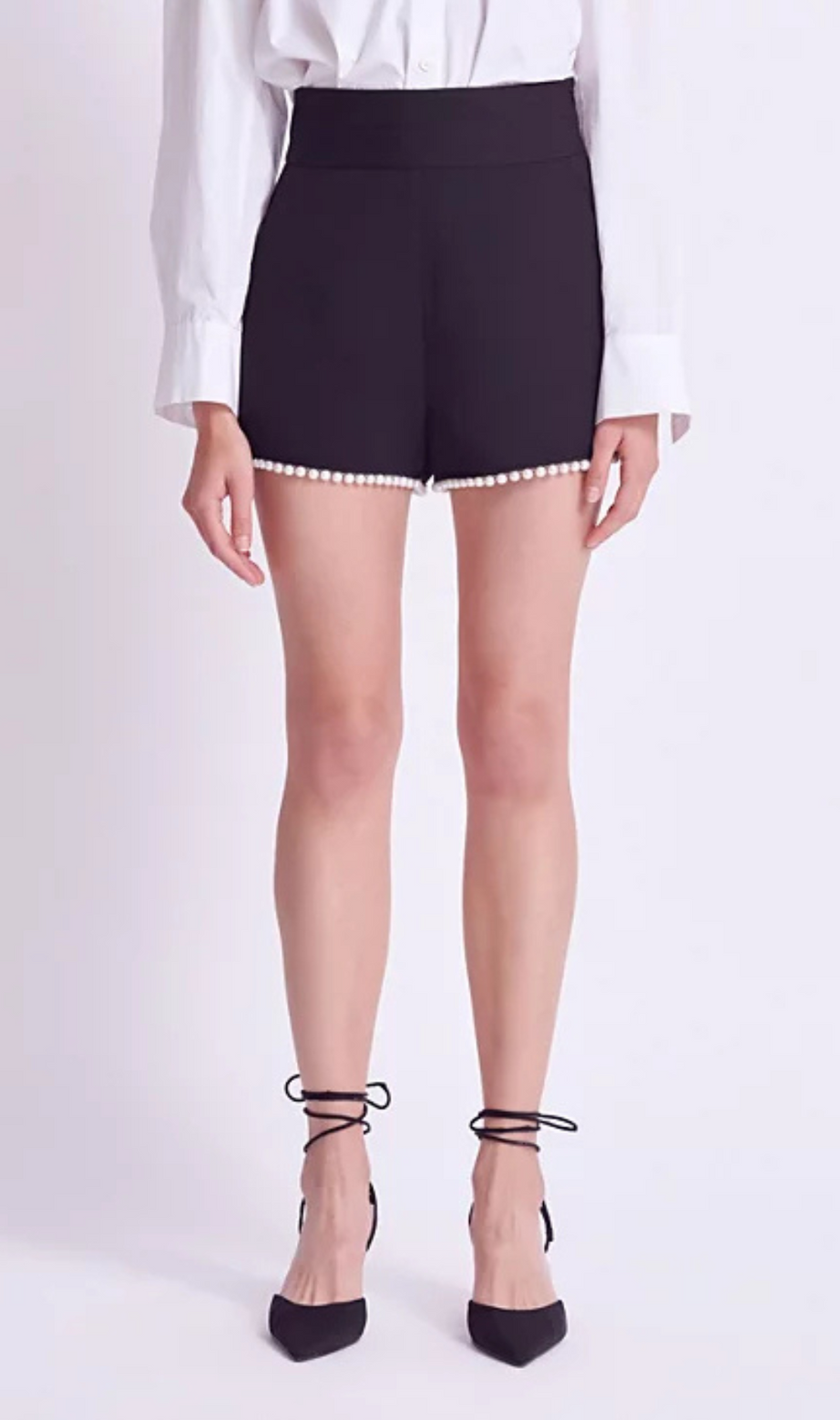 Imitation Pearl Trim High Waist Shorts in black