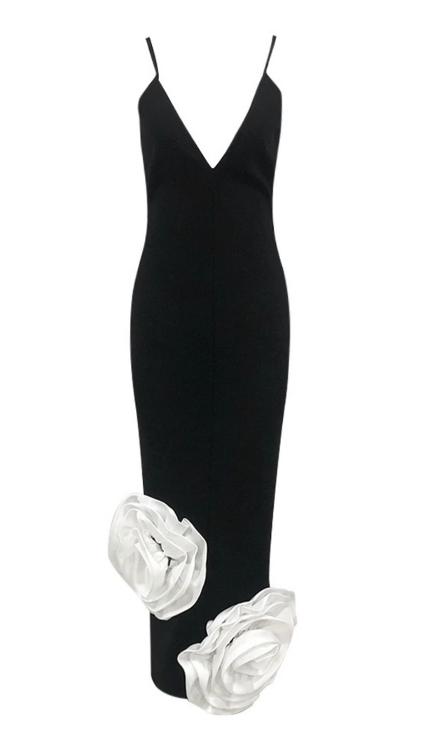 AIIZIE FLOWER HEM MIDI DRESS IN BLACK - product image