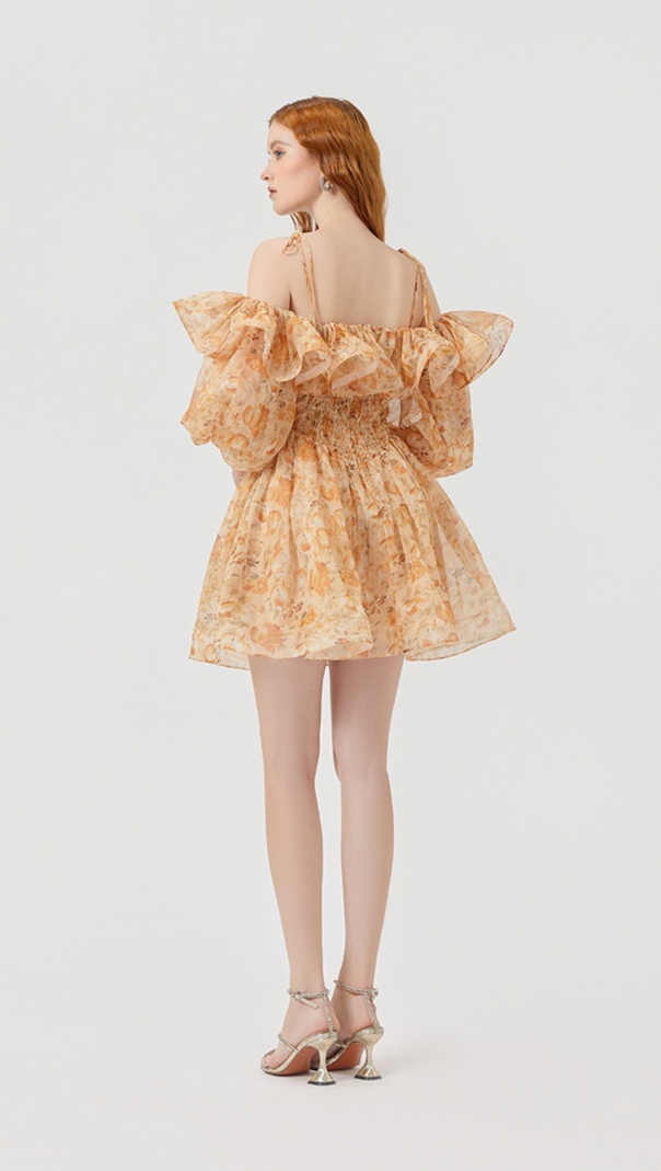 AIIZIE ANNA PRINTED RUFFLE TRIM MINI DRESS IN ORANGE - product image