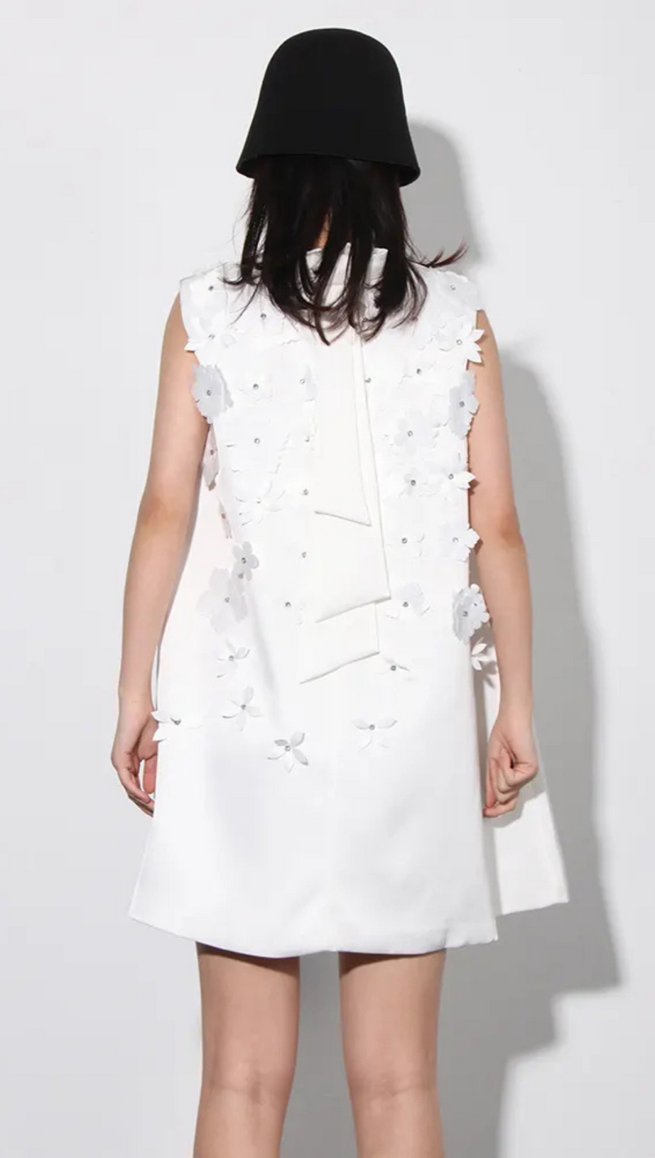 LYDIA FLOWER APPLIQUE MOCK NECK BOW TRIM MINI DRESS