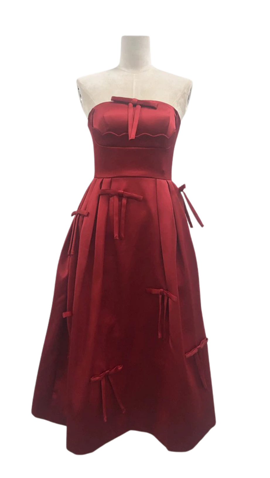 RED STRAPLESS RIBBON FRONT PLAIN A-LINE MIDI DRESS