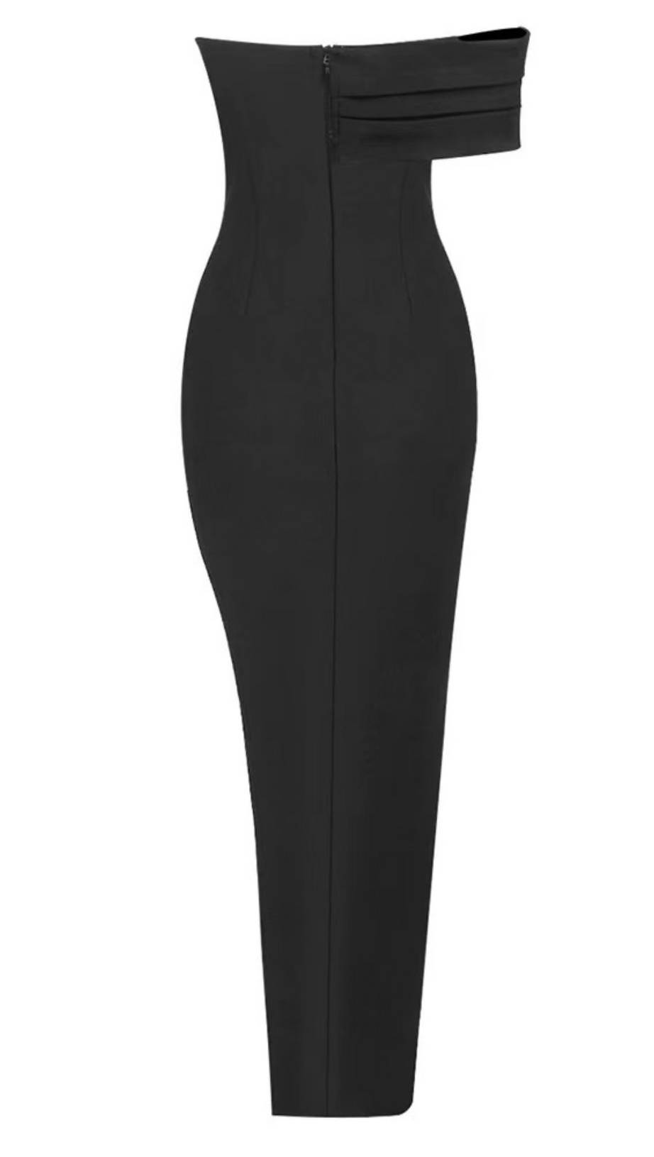 Schulterfreies Kleid mit hohem Schlitz und Perlenverzierung