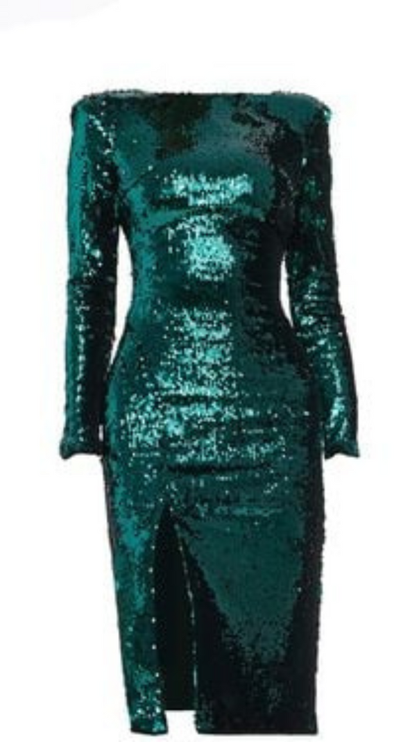 AIIZIE SEQUIN SLIT STRETCH MIDI DRESS IN DEEP EMERALD - product image