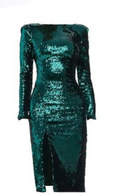 sequin slit stretch midi dress in deep emerald