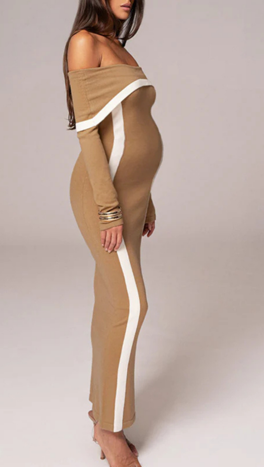 BEIGE JANET OFF SHOULDER MAXI DRESS