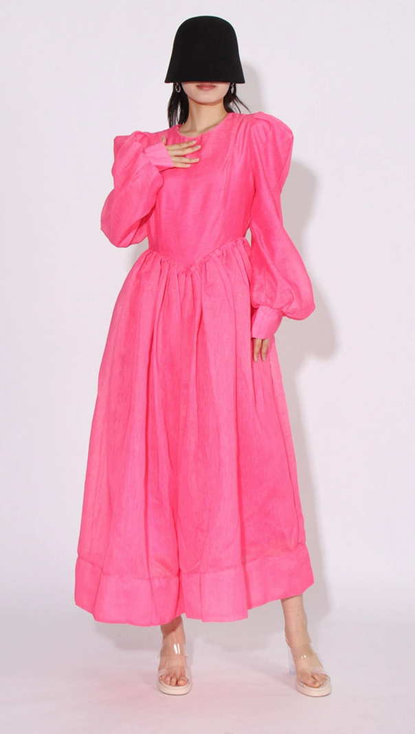 AIIZIE DELIA PINK LANTERN SLEEVE ROUND NECK MIDI DRESS - product image