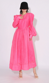 DELIA PINK LANTERN SLEEVE ROUND NECK MIDI DRESS