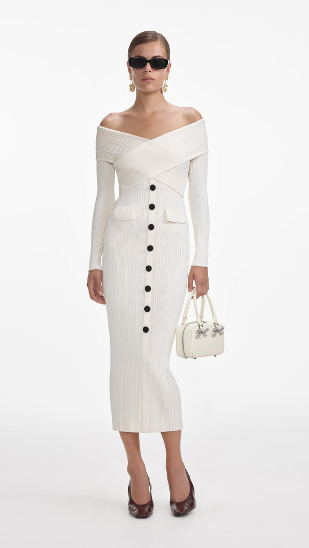 AIIZIE CREAM OFF SHOULDER KNIT MIDI DRESS - product image