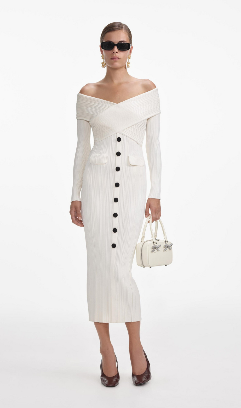 CREAM OFF SHOULDER KNIT MIDI DRESS