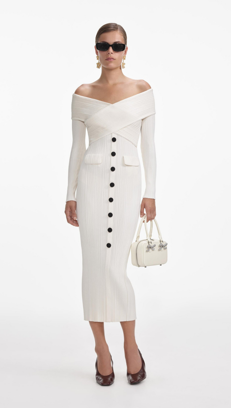 CREAM OFF SHOULDER KNIT MIDI DRESS