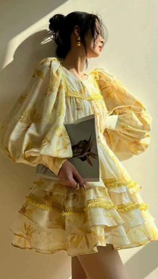 AIIZIE MABEL LAYER TRIM PRINT LANTERN SLEEVE MINI DRESS IN YELLOW - product image
