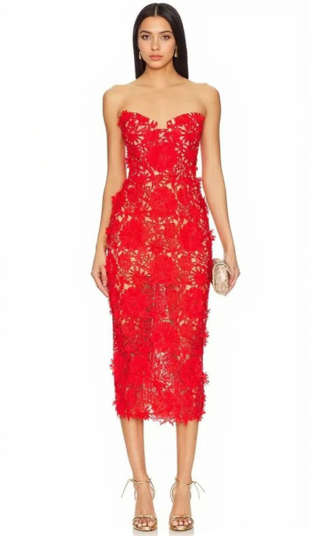Schulterfreies Midikleid mit Blumen-Cut-Out