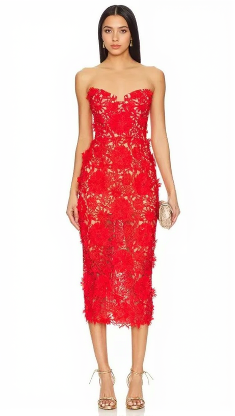 Schulterfreies Midikleid mit Blumen-Cut-Out