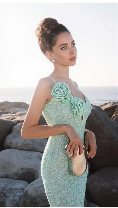 TEAL FLORAL EMBELLISHED BODYCON SEQUIN MAXI DRESS