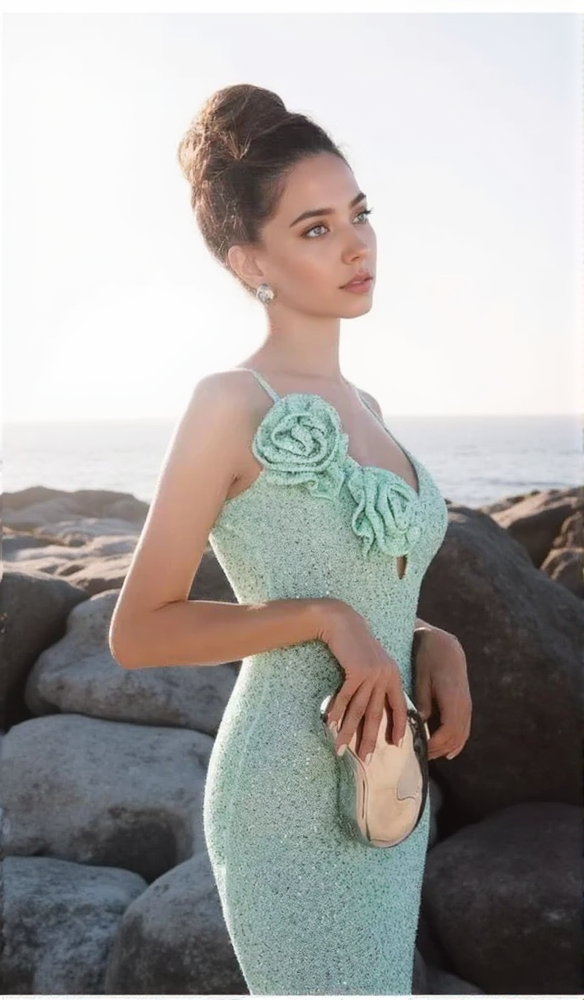 AIIZIE TEAL FLORAL EMBELLISHED BODYCON SEQUIN MAXI DRESS - product image