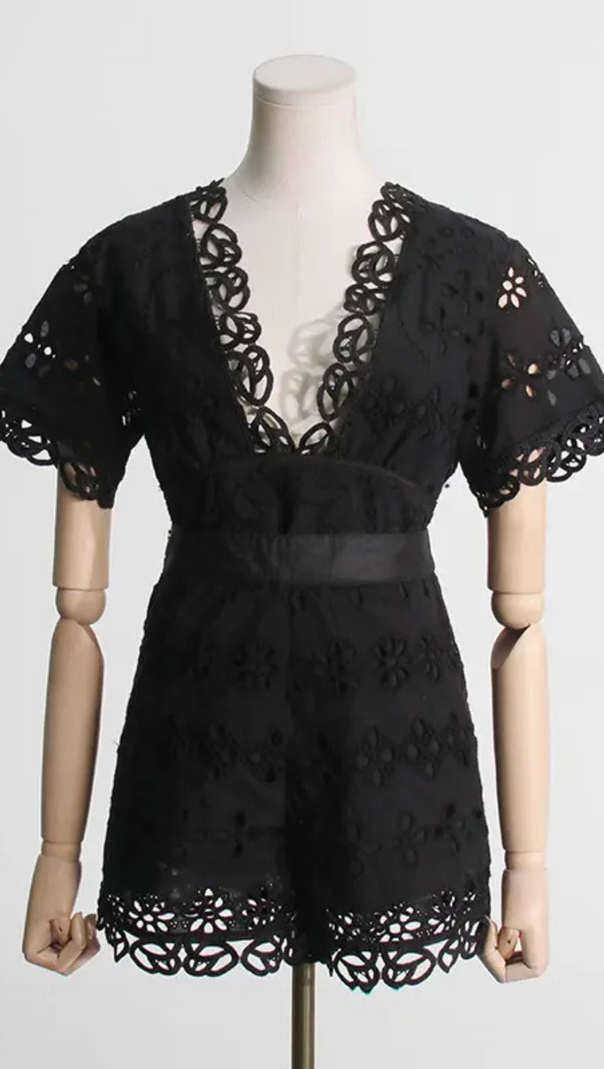 AIIZIE MAGGIE BLACK LAYERED CUT OUT LACE TOP SHORTS SUIT - product image