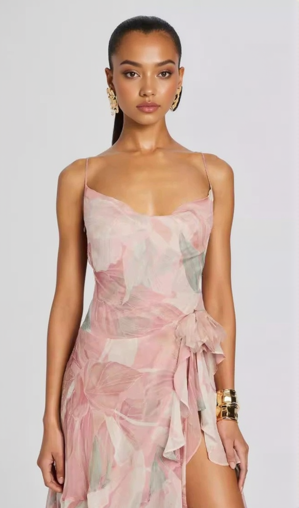 ZORA PINK FLORAL-PRINT RUFFLED SILK MIDI DRESS