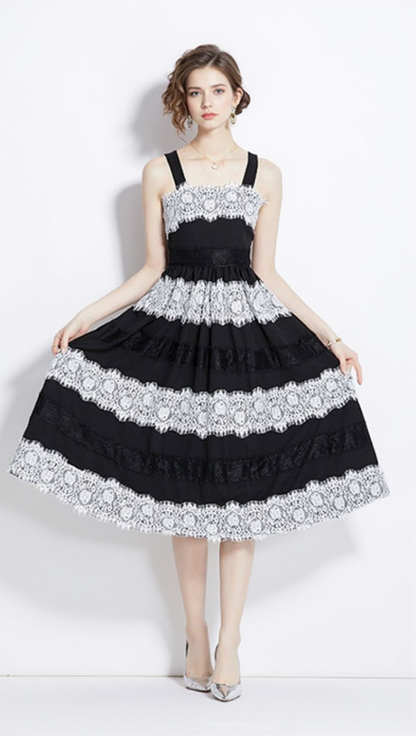 AFRA BLACK LACE STRIPES MIDI STRAP MIDI DRESS