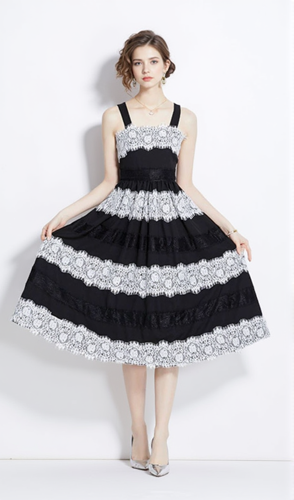 AIIZIE AFRA BLACK LACE STRIPES MIDI STRAP MIDI DRESS - product image